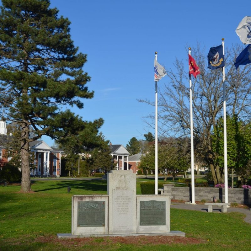 Monuments and flags in Burlington Town Common in Burlington, Massachusetts