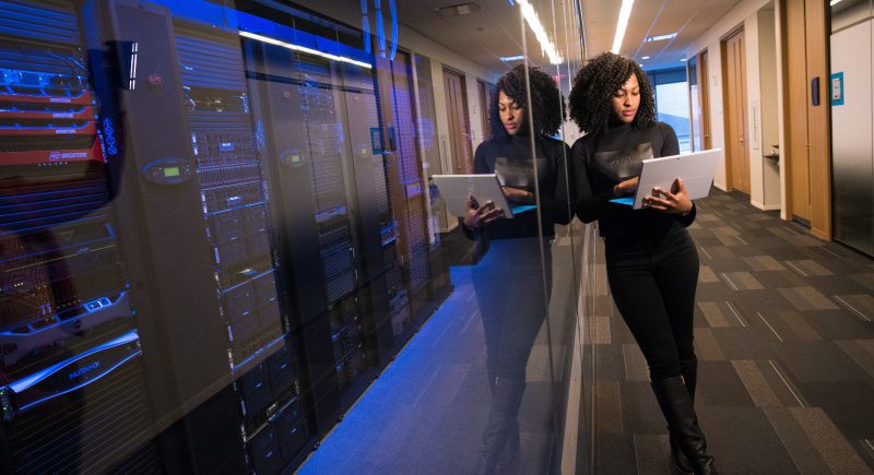 Woman works of data center