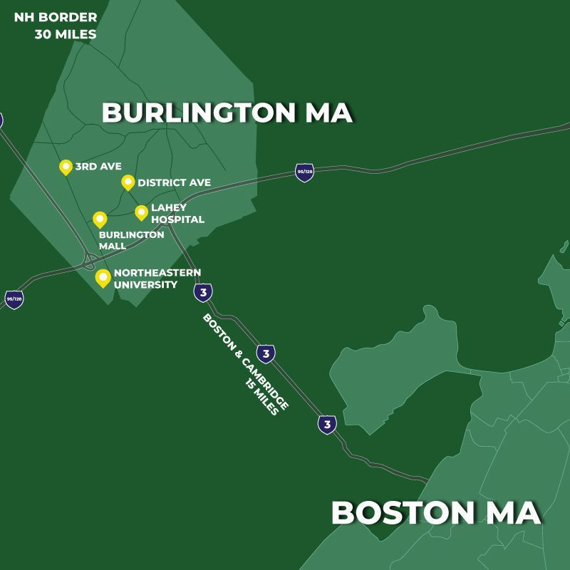 Map of Burlington and Boston, location advantages