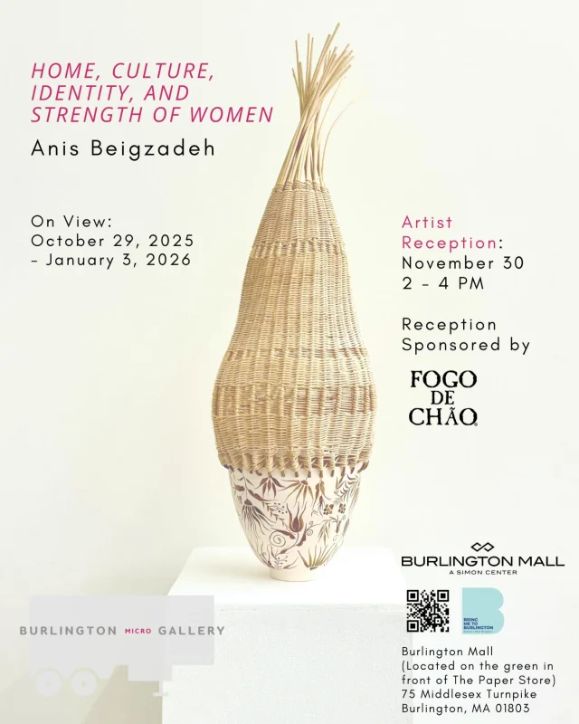 🎉 Join us at the gallery on Sunday, November 30th from 2–4 PM for Anis Beigzadeh’s artist reception! Anis will be leading a live weaving demonstration where guests are invited to participate and assist in threading two of her ceramic pieces.

We would like to extend our gratitude to Fogo de Chão for sponsoring the food for the reception, and to the Burlington Mall team for their continued support.

@anis.beigzadeh 
@bringmetoburlington 
@burlingtonmallma 
@fogo