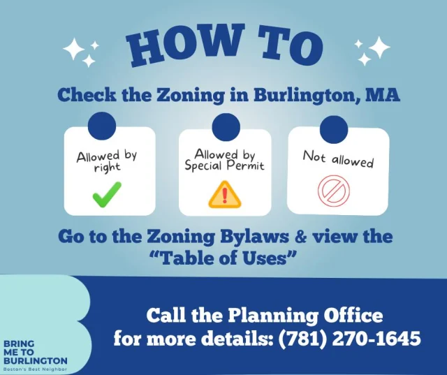 Thinking about opening a business? One of the first (and most important) steps is to check whether your business is allowed at your location.
In zoning speak, every use is either:
 ✔ Allowed by right
 ⚠ Allowed by Special Permit
 🚫 Or not allowed
In Burlington, this is all laid out in the Table of Uses in our Zoning Bylaws.

Here’s how to check:
Find the zoning district for your address
Match your business type in the Table of Uses 
chrome-extension://efaidnbmnnnibpcajpcglclefindmkaj/https://www.burlington.org/ArchiveCenter/ViewFile/Item/608

See what approvals (if any) are required
