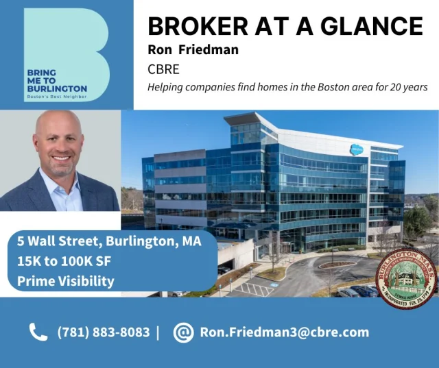 Ron Friedman with CBRE has over 20 years of experience helping companies find their perfect spot in the Boston-Burlington market.

Currently, he is the contact broker for 5 Wall Street in Burlington, MA
✅ 15K to 100K of SF commercial office 
✅ Cluster with Salesforce and other AI companies
✅ Access from 128; strong market radius

Contact Ron Friedman, CBRE Executive Vice President at (781) 883-8083 or Ron.Friedman3@cbre.com

More opportunities at BringMeToBurlington - the Town’s official economic development website

#BurlingtonMA #CommercialRealEstate #EconomicDevelopment #OfficeSpace