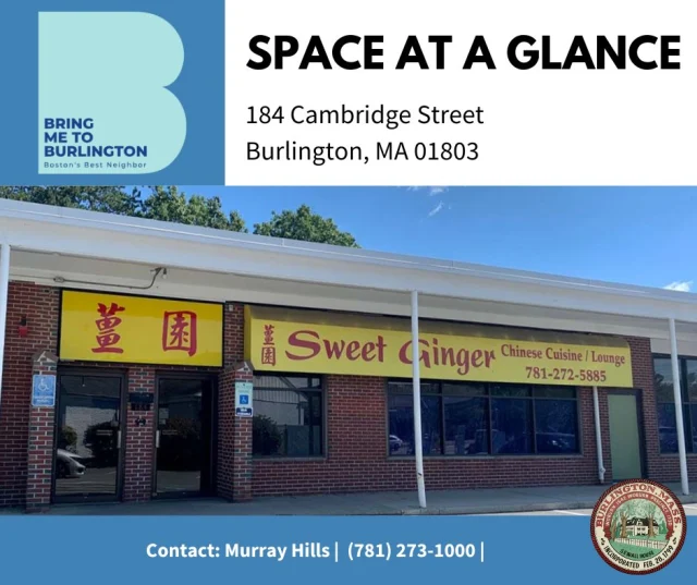Space at a Glance: 184 Cambridge Street | 5,000 SF 

Current status: The property owner has shared that there has been interest from various users and that they are evaluating options, including whether the space should be divided. 

✅ Large commercial space in a visible Town Center location
✅ Zoning is BG and Town Center Overlay
✅ Contact Murray Hill for leasing details and more information (781) 273-1000

Our office gets asked about this one often. Filling vacant commercial space is influenced by market demand, layout, permitting, financing, and tenant fit. It is not as simple as they look from the outside, and this is an example of how size and layout can affect what comes next.

More opportunities at BringMeToBurlington - the Town’s official Economic Development website