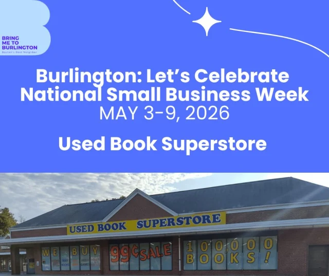 National Small Business Week Is Here 🎉 

This week, we’re celebrating the small businesses that help make Burlington such a vibrant and welcoming community. We’re kicking things off with the Used Book Superstore, a unique local destination at 256 Cambridge Street. @usedbooksuperstore 

What started in a basement in 2008 has grown into its last remaining location, now a go-to spot for book lovers across the region. Inside, you’ll find thousands of books, movies, and music, plus rotating color-coded discounts of up to 80% off.

“The most enjoyable thing about being part of the Burlington community are the people. Everyone is kind and helps spread the word to get more customers in the store,” said employee Alley Bartel.

From weekly deals to a wall of newer fiction and nonfiction titles, there’s always something new to discover. Have you visited? 📚

Follow along May 3–9 as we spotlight more businesses —  and share your favorites in the comments.

#BringMeToBurlington #BurlingtonMA #NationalSmallBusinessWeek #ShopLocal