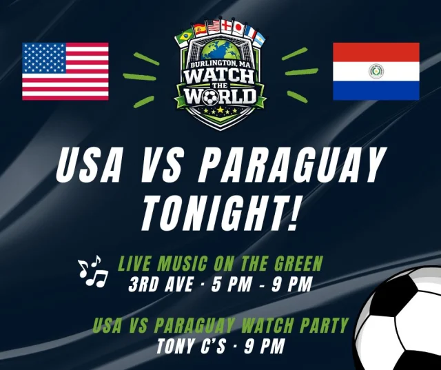 Tonight's the night! Team USA faces Paraguay, and Watch the World is bringing the excitement to Burlington ⚽

The fun starts at 3rd Ave, where you'll find live music from local band Moose Juice, lawn games on the Green, face painting, balloons, and plenty of giveaways before the match. Then, head to Tony C's Sports Bar & Grill to catch Team USA vs. Paraguay on the big screen, compete in fan contests, snap photos at our themed backdrop, and challenge your friends at the Subsoccer table. You won’t want to miss out!

See what's happening all summer long at bringmetoburlington.com/watch-the-world.