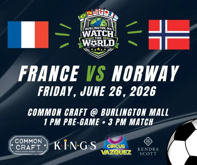 Come Watch the World with us — and bring your friends!!
France vs. Norway BIG Match-up: #Haaland and #Mbappe
@Common Craft this Friday 6/26 starting at 1pm
World Cup energy, food/drinks, giveaways, and a reason to gather in Burlington.

Raffle and free giveaways from local partners.
Circus Vazquez  @kingsbowling  Common Craft Kendra Scott 
#TheBeautifulGame
#NorwayFootball
#FranceFootball