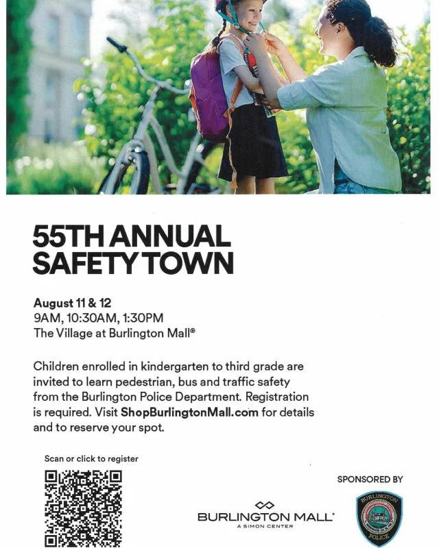 Register your children who are kindergarten to third grade aged NOW for a FREE one hour educational course on pedestrian and roadway safety with the Burlington Police Department at the Village at the Burlington Mall Tuesday August 11th & Wednesday August 12th 🚦🚴‍♀️🚴‍♂️🚸⛑