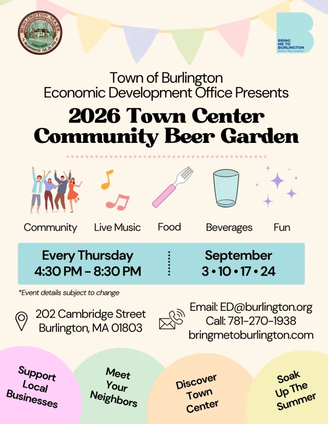 Something fun is brewing in Burlington this September! 🎉
The 2026 Town Center Community Beer Garden returns next month with four evenings of live music, local food, beverages and plenty of community fun.
Join us every Thursday in September from 4:30 PM – 8:30 PM at 202 Cambridge Street.
Come support local businesses, catch up with neighbors and enjoy the last few weeks of summer in Town Center.
For more details, visit bringmetoburlington.com.