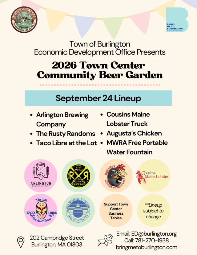 One last Beer Garden night is coming to Town Center! 🥳

We’re wrapping up the 2026 series this Thursday with Arlington Brewing Company, live music from The Rusty Randoms and food from Taco Libre at the Lot, Cousins Maine Lobster Truck and Augusta’s Chicken on the Road.

Come out for one more jam-packed evening at 202 Cambridge Street on Thursday, September 24 from 4:30 PM – 8:30 PM.

🔗 www.bringmetoburlington.com
