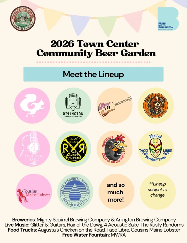 Now THIS is a lineup. 👀

From local brews and food truck favorites to four different local bands taking the stage, there’s a lot headed to Town Center for the Beer Garden this September.
Breweries: Mighty Squirrel Brewing Company + Arlington Brewing Company
Live Music: Glitter & Guitars, Hair of the Dawg, 4 Acoustic Sake & 
The Rusty Random
Food Trucks: Cousins Maine Lobster, Augusta’s Chicken on the Road, Taco Libre on the Lot

And the best part? The lineup changes every week!

Take a look at who’s joining us and make your Thursday plans a little brighter.

Get all the details at www.bringmetoburlington.com